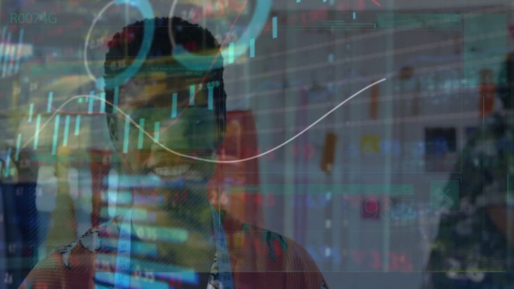 Animation of diverse business people in office over data processing