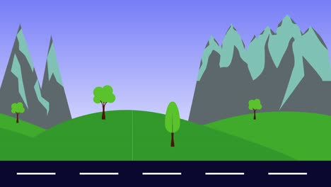 animación de paisajes naturales de colinas, montañas y carreteras, diseño plano, bucle sin costuras