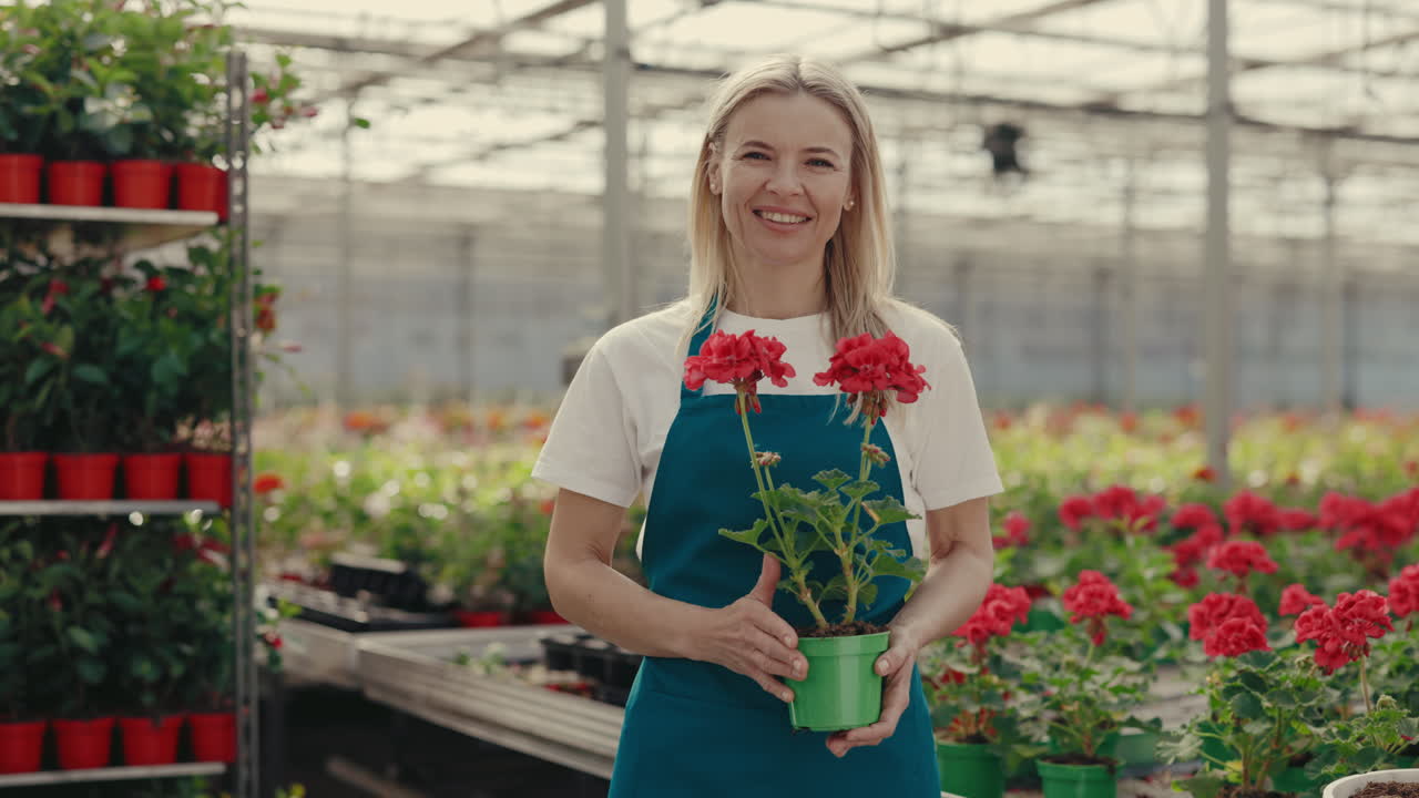 Smiling Woman Holding a Potted Plant in a Greenhouse