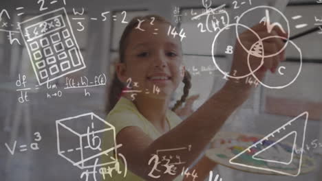 animation of mathematical data processing over biracial schoolgirl at school