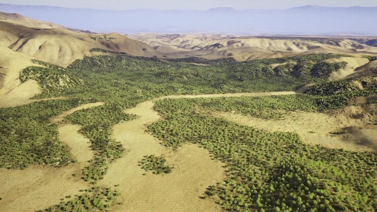 Colline aperte simili a fornaci con sentieri vegetali serpeggianti e calanchi erosi.