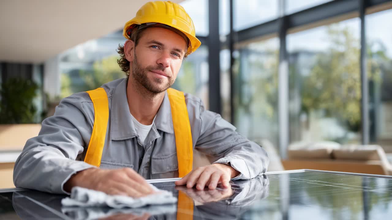 A dedicated male worker in a safety helmet and gray uniform meticulously cleans a solar panel in a well-lit indoor environment, showcasing precision and responsibility in his daily duties, reflecting solar energy's impact