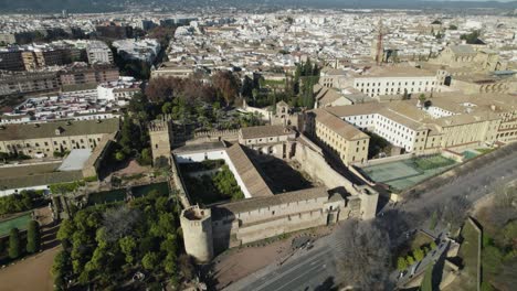 museum of alcázar de los reyes cristianos in cordoba, andalusia. aerial tilt up