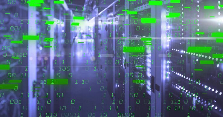 Data center corridor pulsing with glowing binary code overlay, showcasing server racks in 3D render