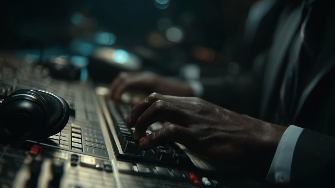 A Skilled Operator Engaged in Crafting Complex Soundscapes Through Dynamic Audio Mixing and Mastering Techniques in a Modern Studio Environment