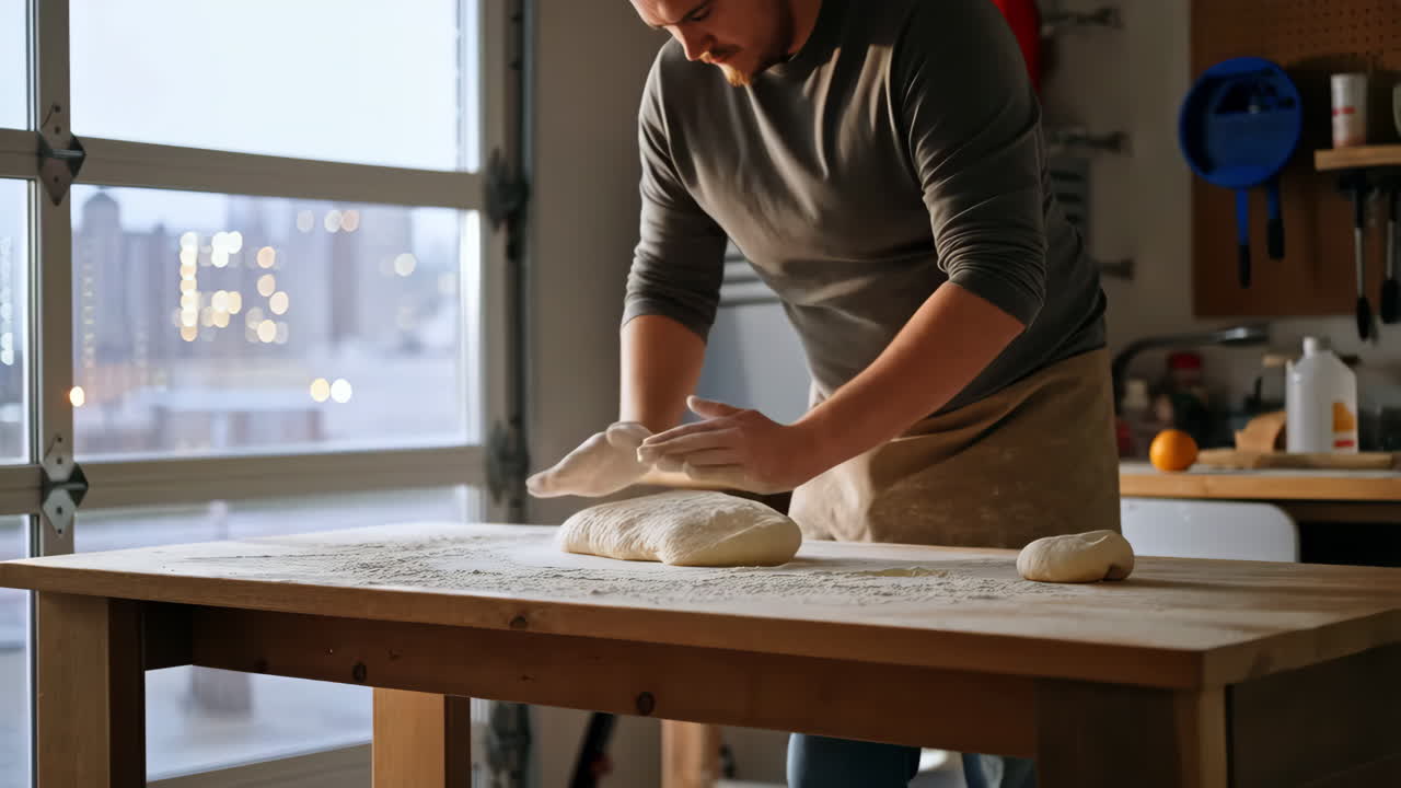 Man kneading dough on a floured table in a kitchen