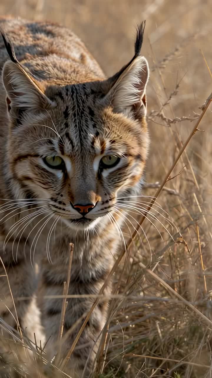Vertical video: Sensing camera nearby, wildcat advancing across golden plain past thorny twigs