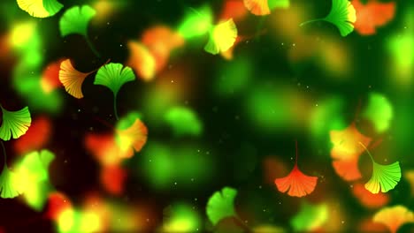 abstract artistic green yellow orange falling ginkgo biloba leaf shapes glitter sparkle with and without blurry focus effect separated background