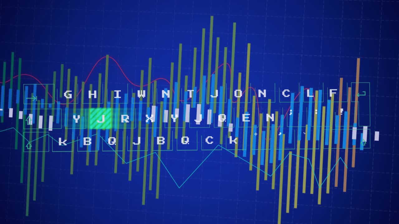 Three white tiles appearing keyboard emerging, bars animating, keys lighting, visualizing data