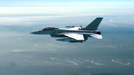 un avión de combate militar volando sobre la ciudad, muy por encima de las nubes.