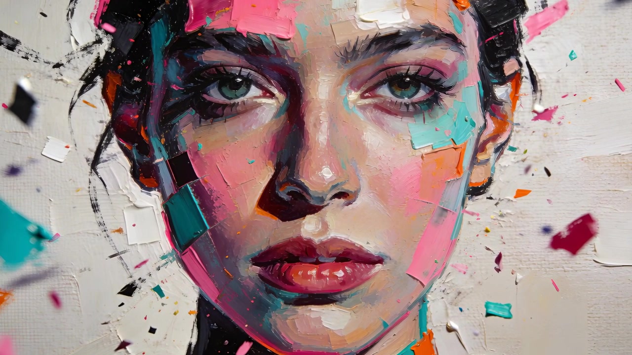 Camera zooming painted female portrait closer in studio, revealing canvas impasto texture and chips