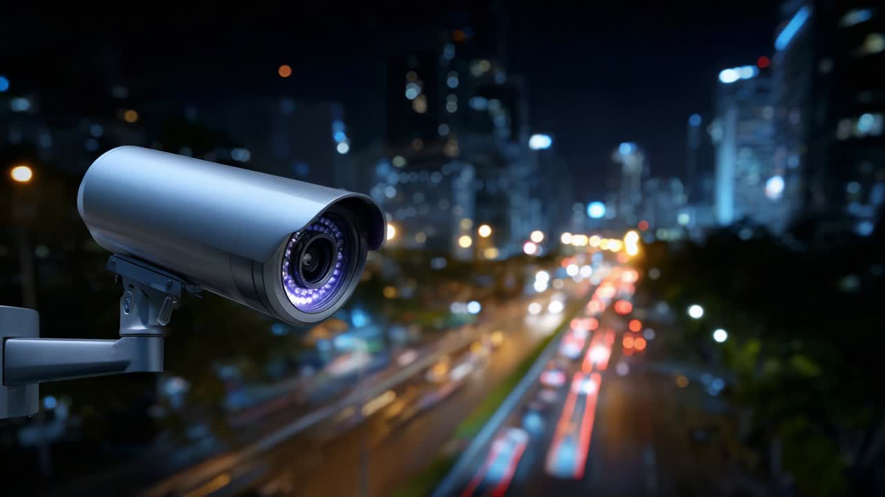 Surveillance Technology in Urban Environments: A High-Definition View of a Security Camera Overlooking a Busy City Street at Night with Blurry Car Lights and Cityscape Background