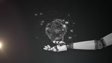 animación de la red de procesamiento de datos sobre la mano del brazo del robot, sobre fondo negro