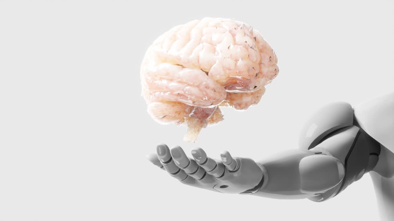 Robotic hand holding a human brain on a light gray background