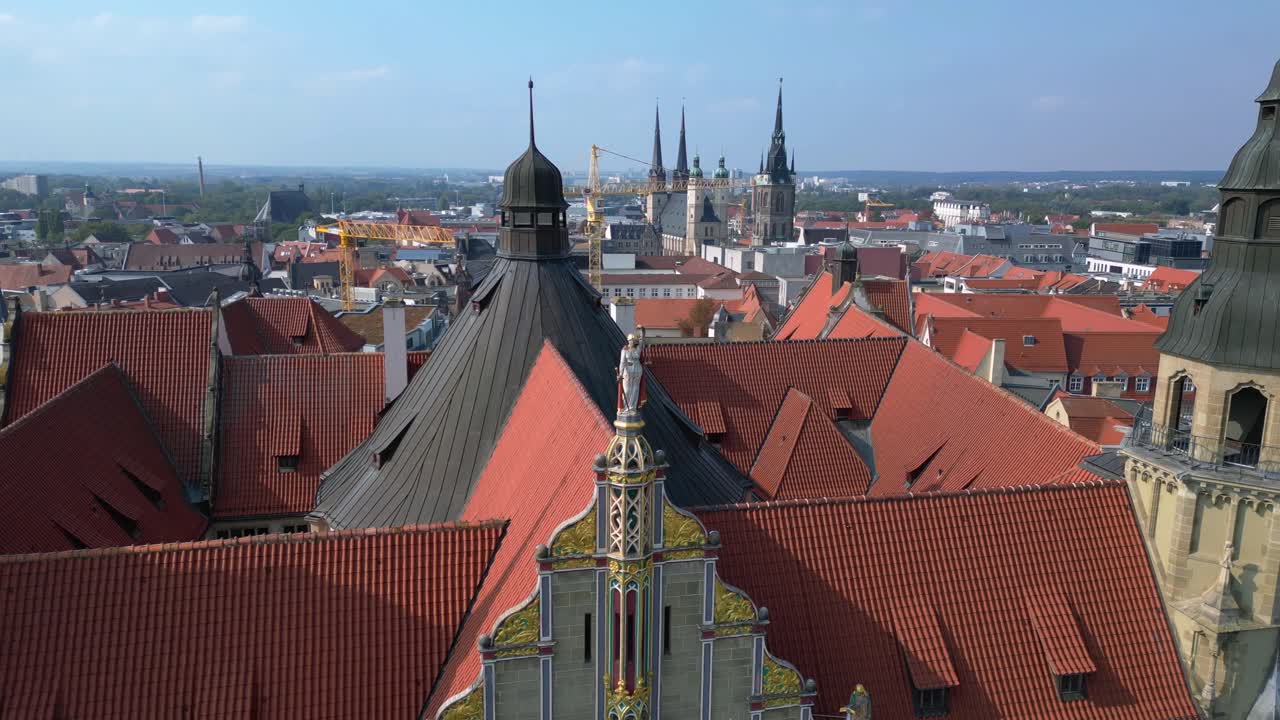 Halle saale district court building, showcasing its impressive architecture and the surrounding cityscape. Magic aerial view flight ascending drone
