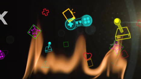 animación de formas, símbolos, iconos y consolas de juegos sobre llama contra un fondo negro