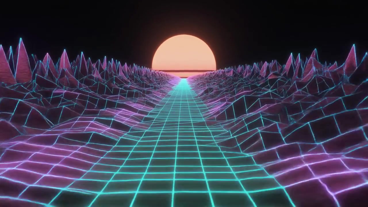 Pemandangan Synthwave Retro dengan Kisi Berpendar dan Matahari Terbenam