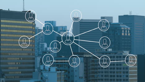 animation of digital data processing with network of icons over cityscape