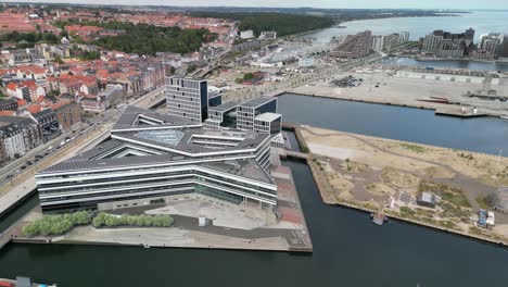 aerial aarhus city coastline, navitas building, denmark