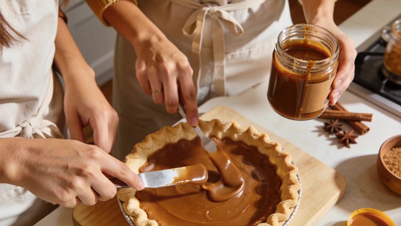Scooping caramel from jar, two women filling smoothing pie on kitchen counter in aprons for dessert