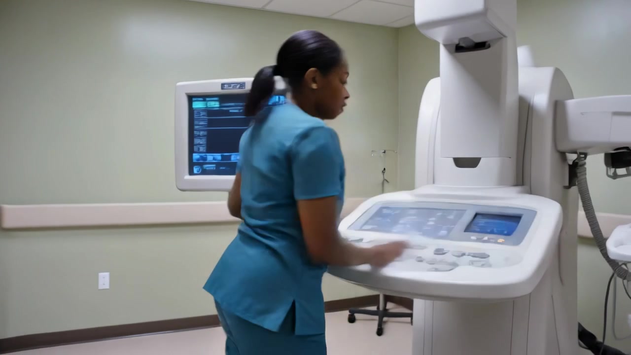 Tecnico in camice chirurgico color verde acqua che prepara la tecnologia, sistema i contenitori nella sala d'esame, usa il PC della mammografia e srotola il rotolo per l'esame.