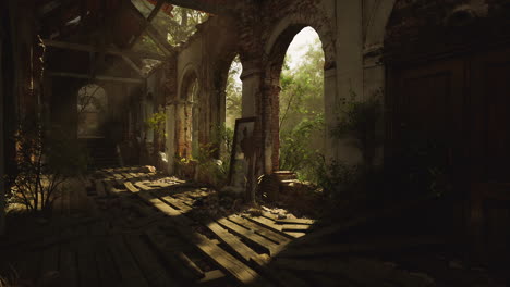 sunlight filters through abandoned ruins surrounded by lush greenery