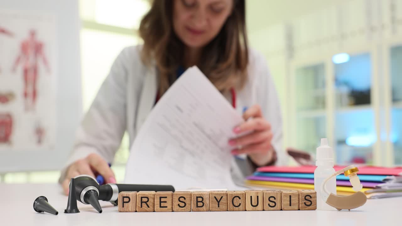 Parola "Presbiacusia" sulla scrivania con medico e strumenti medici