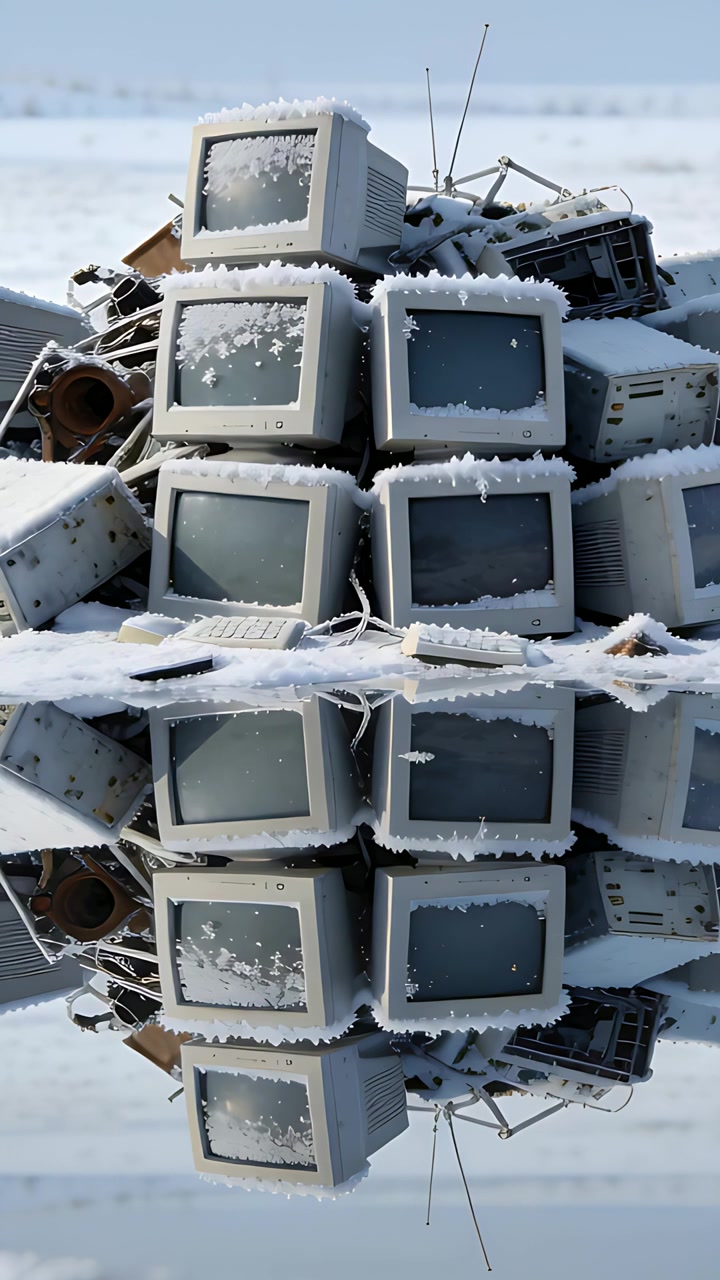 Vertical video: Showing pile of CRT monitors collecting hoarfrost in snowy field, with keyboard