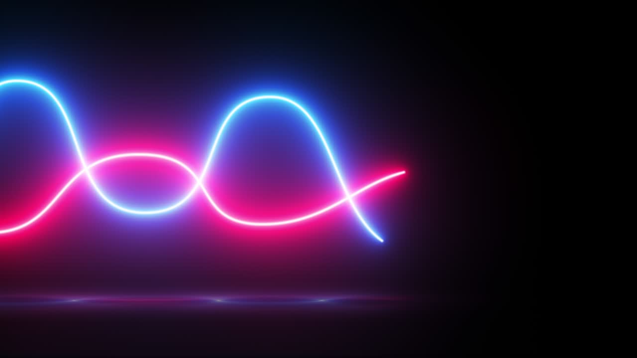 추상적인 배경: 분홍색, 파란색, 네온 빛, 바닥에 반이는 역동적인 파동선