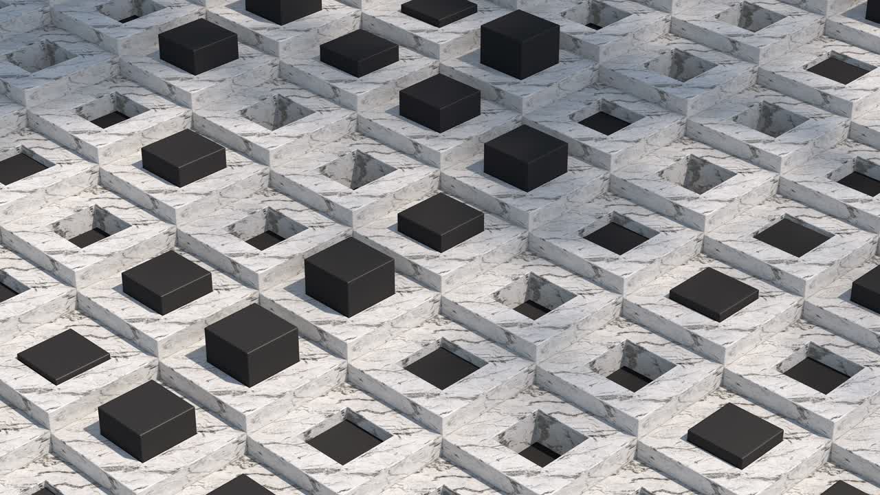 대리석 블록과 검은 큐브, 추상 애니메이션, 3d 렌더링