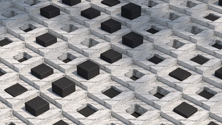 Marble blocks and black cubes. Abstract animation, 3d render.