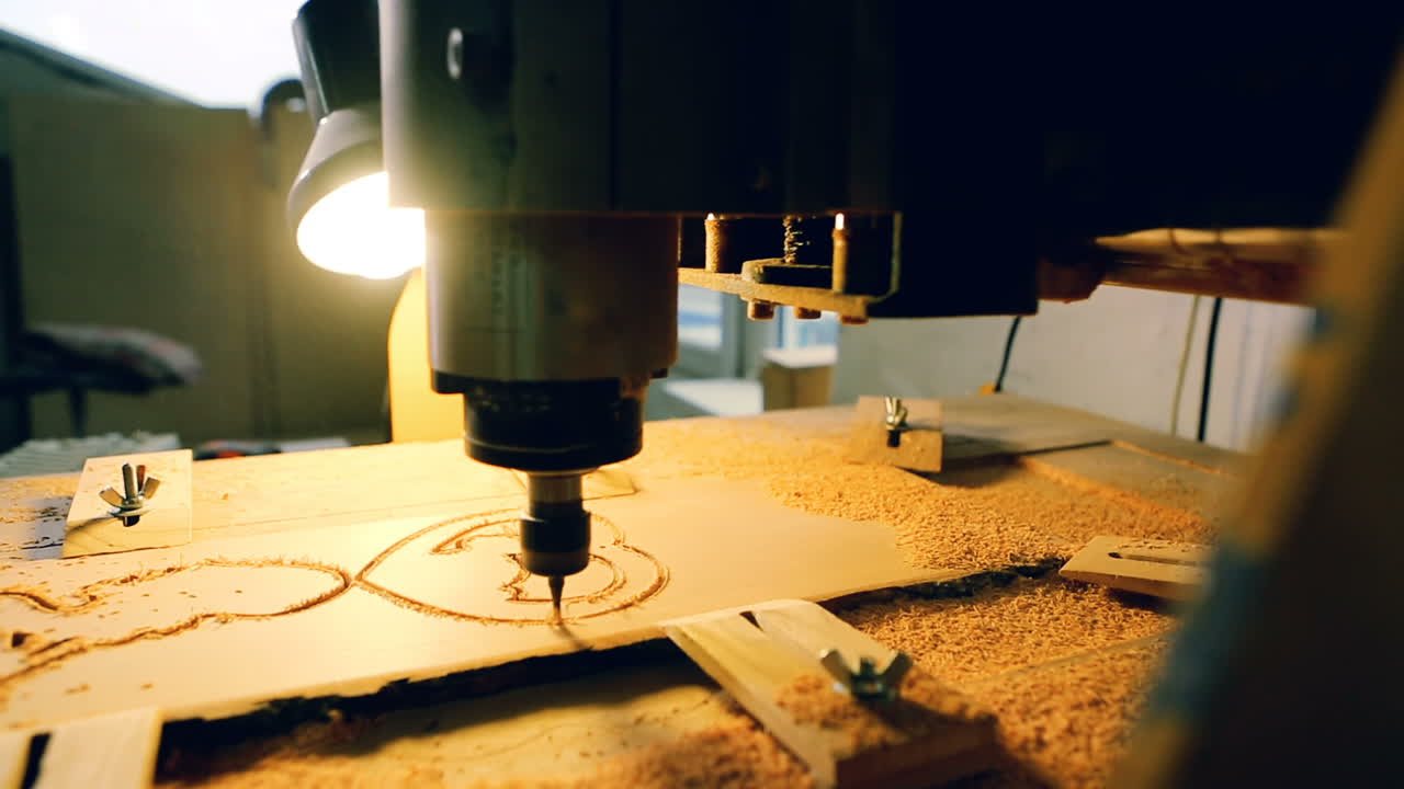 Wood Cut Machine With Drill Is Cutting Out Wooden Molds. Industrial wood cut machine with drill is cutting out wooden molds. Small business concept