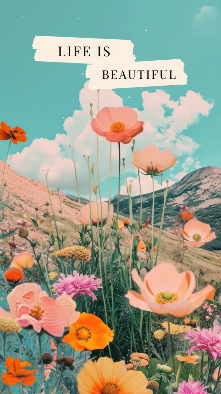 Vibrant flowers bloom under a bright sky with mountains in the background