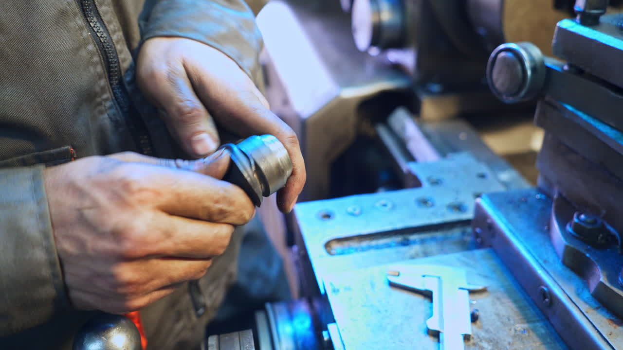 Hands of turner connecting two elements. Close up. Metal table and turning lathe at the backdrop.