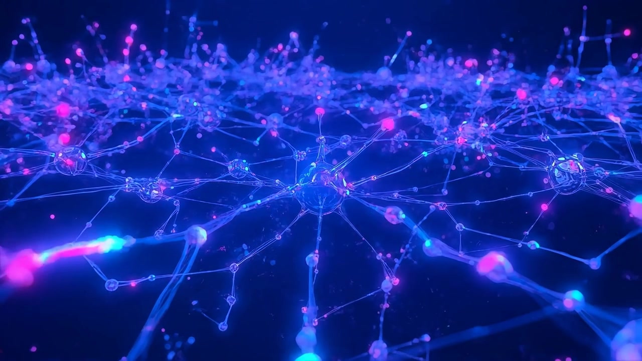 Pulling back, camera showing network pulsing on dark plane, with central node showing data flow