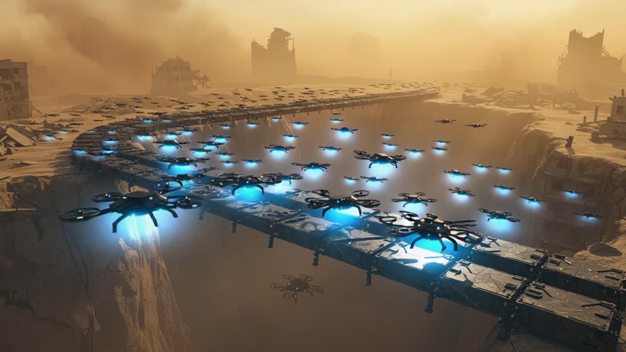 Exploring a Futuristic Wasteland: A Dramatic Scene of Drones Navigating a Crumbling Bridge Over an Abyss Amidst an Apocalyptic Landscape
