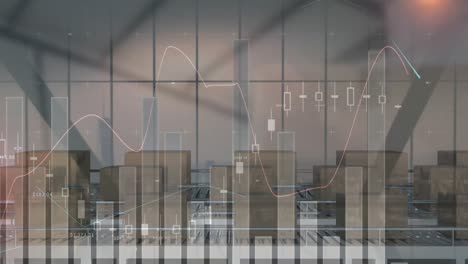 statistical data processing over multiple boxes on conveyor belt against warehouse