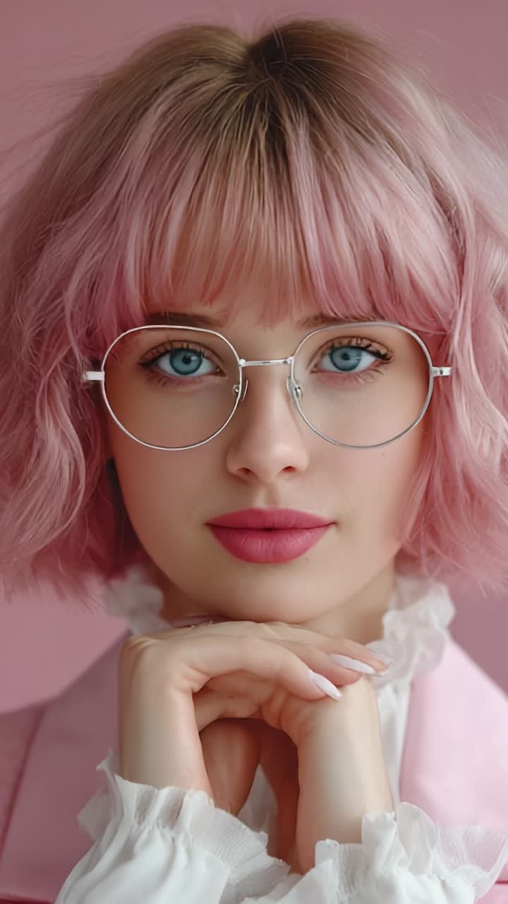 Captivating Portrait of a Young Woman with Stylish Pink Hair and Chic Glasses, Exuding Elegance and Charm against a Soft Pink Background