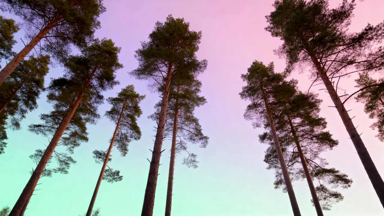 Tilting camera showing pine trunks and branches swaying in light breeze in forest under pastel sky