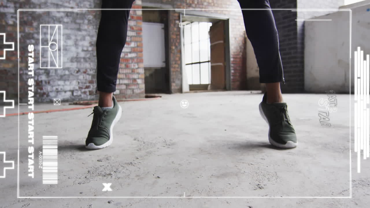 Feet in green sneakers moving in dance animation over brick-walled room background