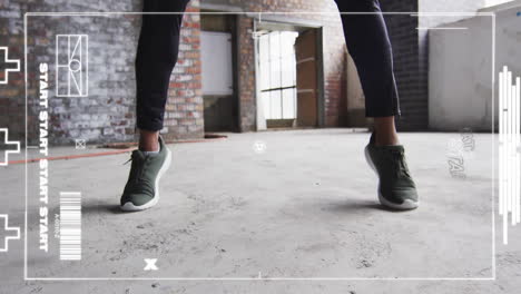feet in green sneakers moving in dance animation over brick-walled room background