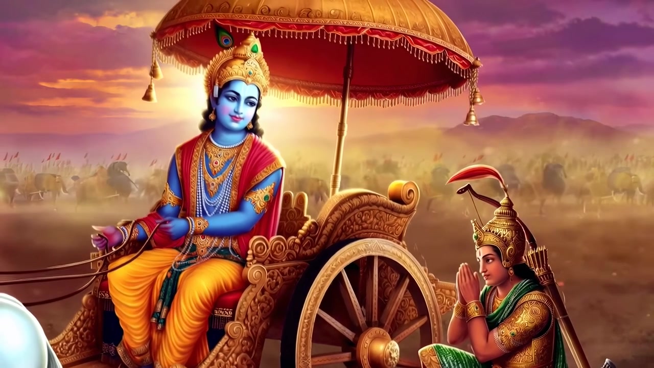 Lord Krishna and Arjuna on a Chariot in the Battlefield of Kurukshetra