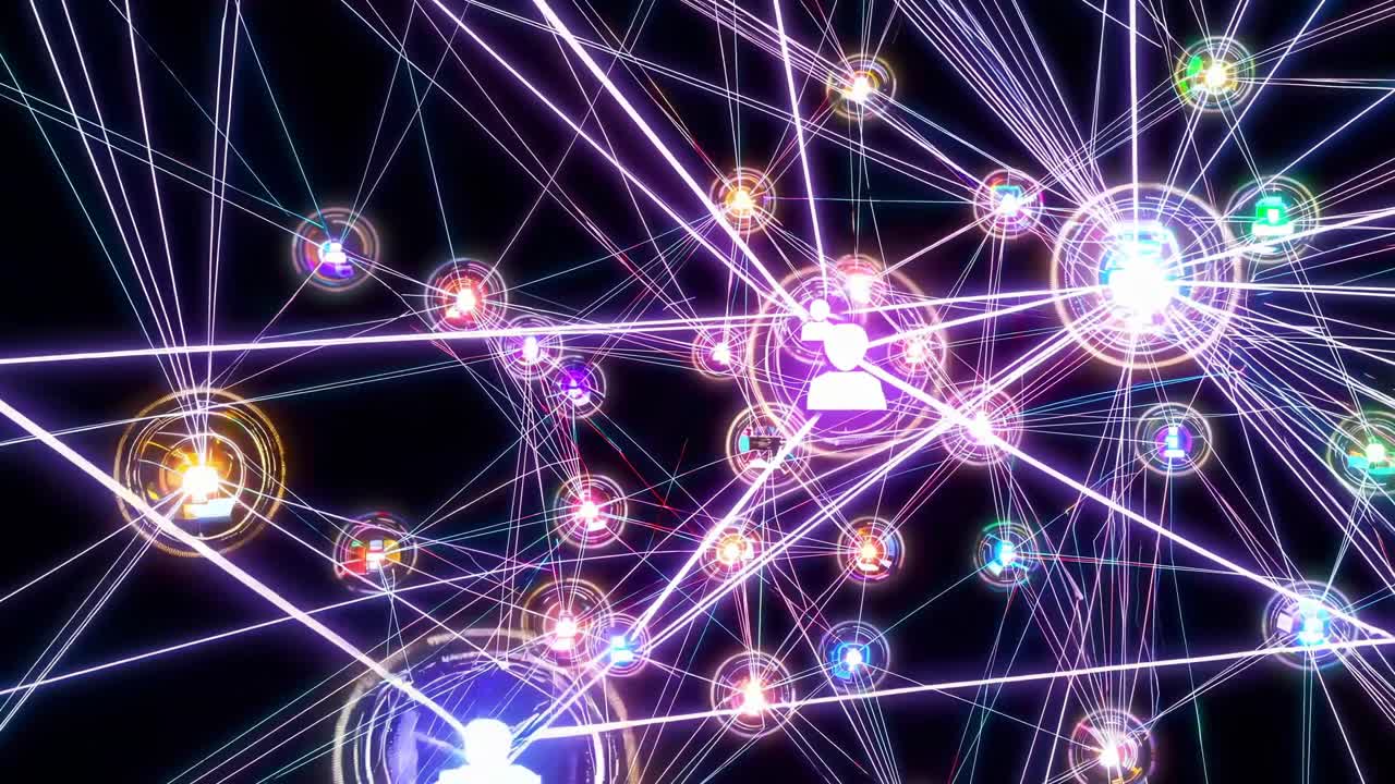 Abstract network visualization with glowing nodes and lines, top-down angle