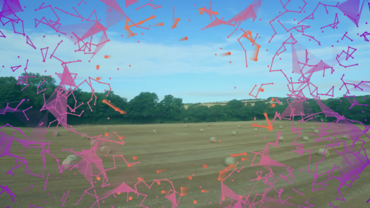 Harvested field being animated with scattered hay bales under magenta and orange mesh overlay