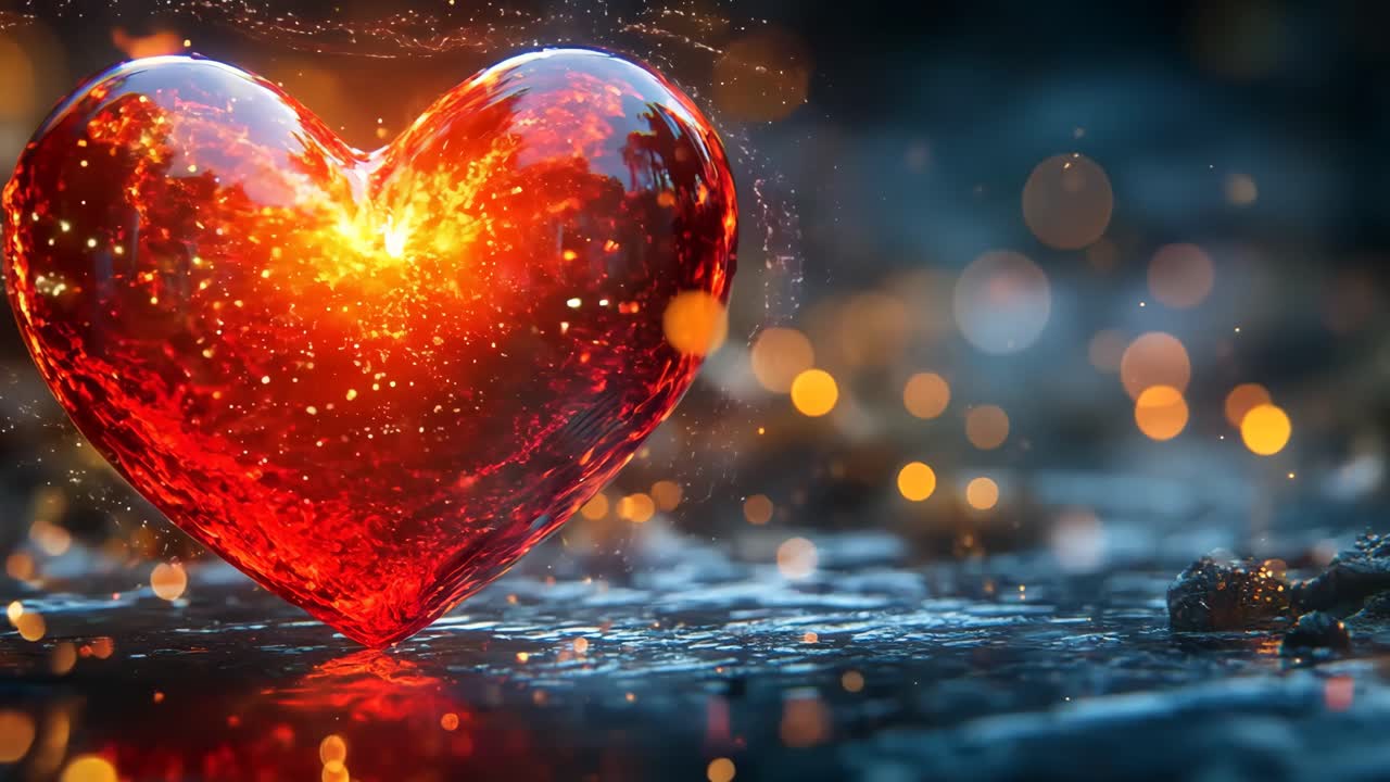 A red heart is floating in a body of water. The water is dark blue and the heart is surrounded by a bright orange glow. The scene is serene and peaceful, with the heart representing love