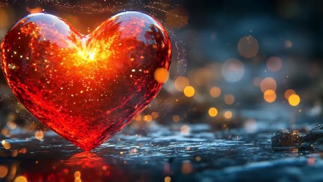 a red heart is floating in a body of water. the water is dark blue and the heart is surrounded by a bright orange glow. the scene is serene and peaceful, with the heart representing love