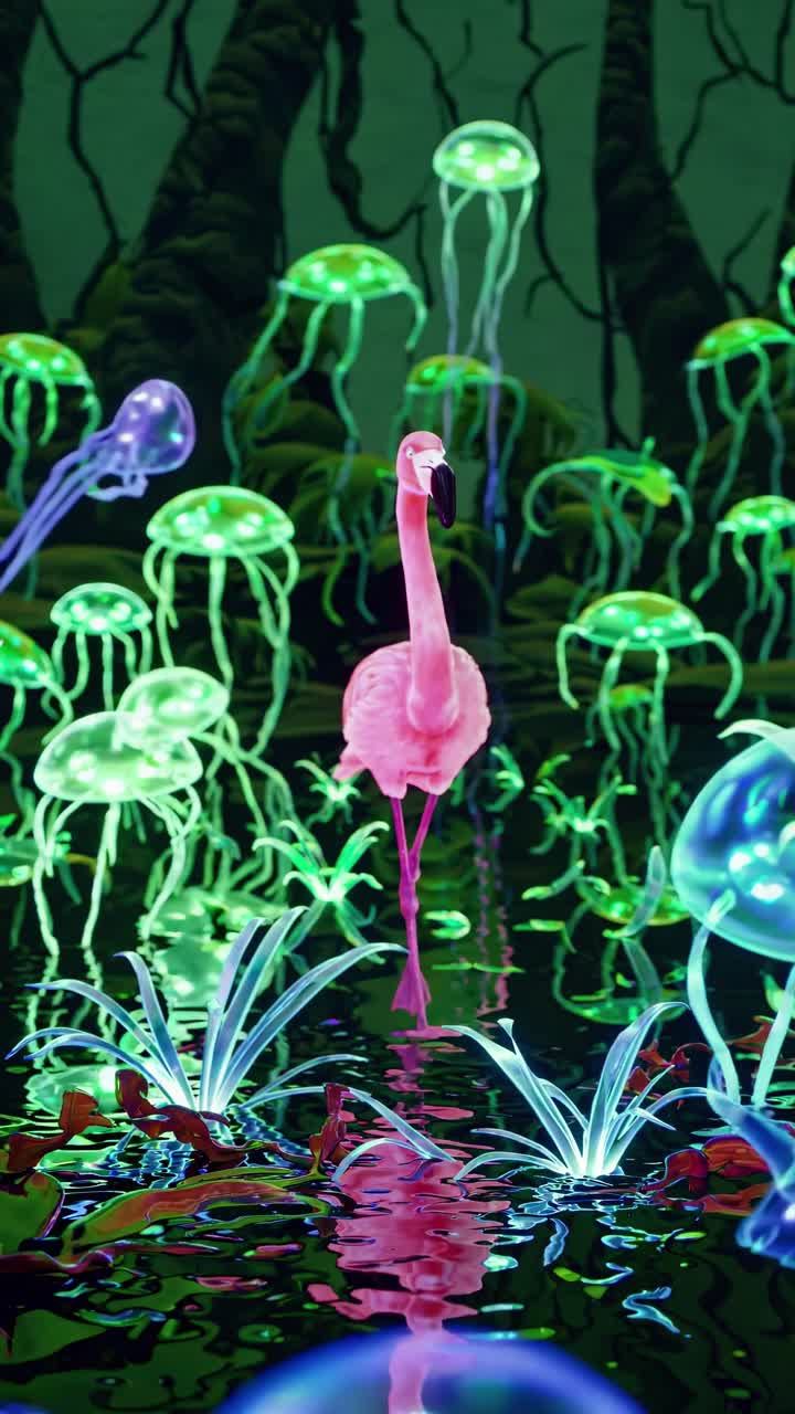 A surreal video scene with a low-angle view of a flamingo surrounded by glowing jellyfish