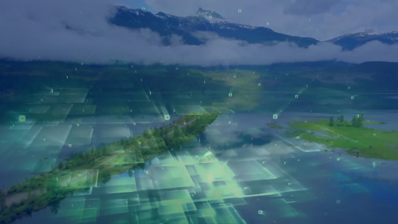Digital data processing animation overlaying mountain landscape in scenic view