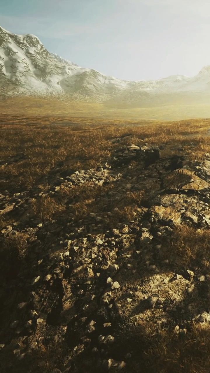 Paesaggio montano con erba e terreno roccioso di giorno.