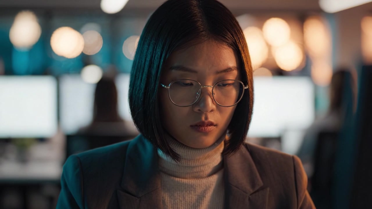 Focused Professional Woman Engaged in Work at Modern Office with Soft Lighting and Computer, Creating an Atmosphere of Concentration and Productivity